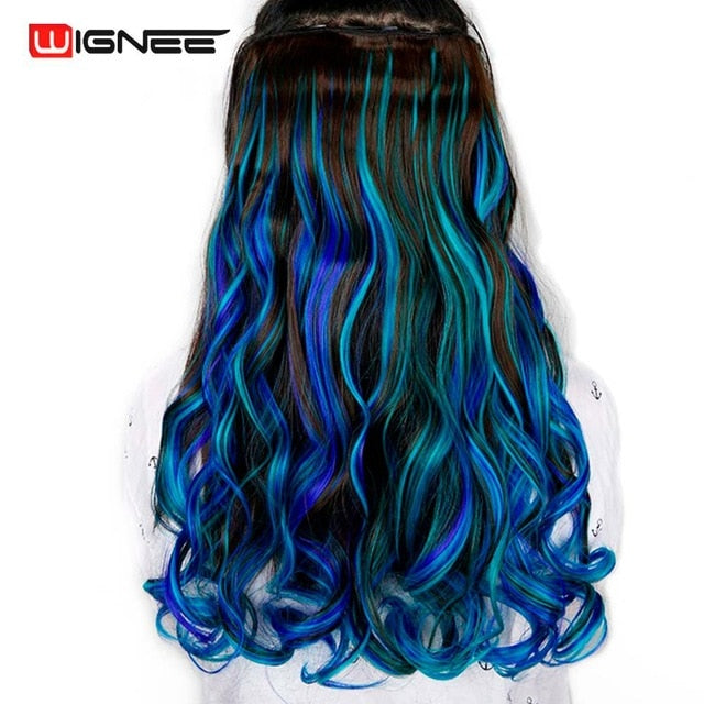 Wignee Long Wave Glueless Cosplay Hair 5 Clips In Hair Extensions High Temperature Synthetic Fiber half  Wig For Women Hair