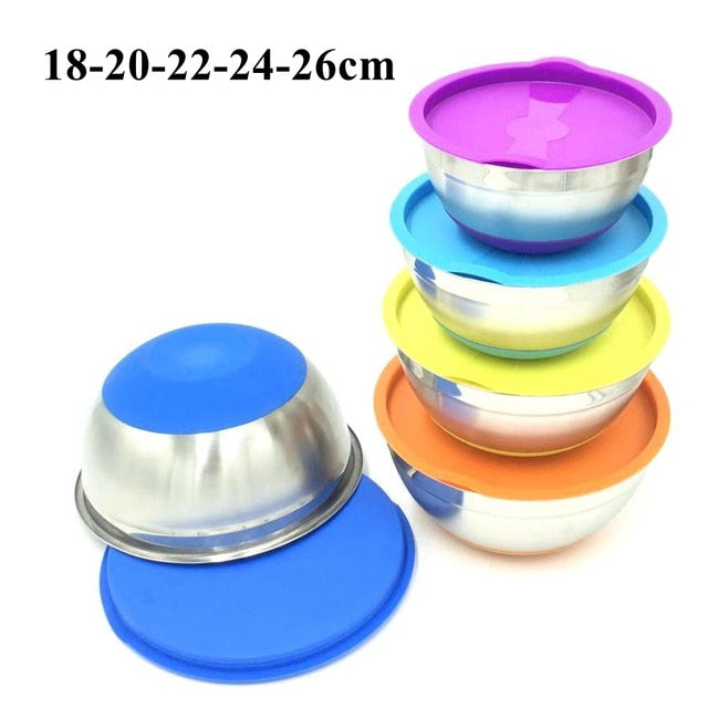 Stainless Steel Mixing Bowls With Lid Silicone Bottom Non-slip Egg Mixer Salad Bowl Cake Baking Kitchen Food Storage Accessories
