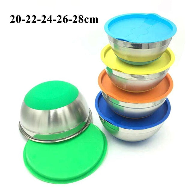 Stainless Steel Mixing Bowls With Lid Silicone Bottom Non-slip Egg Mixer Salad Bowl Cake Baking Kitchen Food Storage Accessories