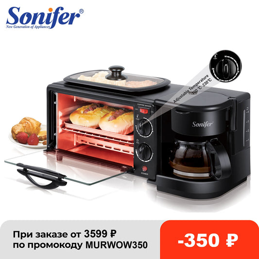 Electric Oven 3 In 1 Breakfast Making Machine Multifunction Drip Coffee Maker Household Bread Pizza Frying Pan Toaster Sonifer