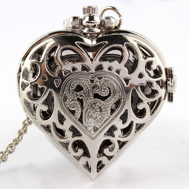 Retro Bronze Hollow Heart Shaped Black Silver Vintage Pocket Watch Necklace Pendant Metal Quartz Movement Women Men Clock Gifts