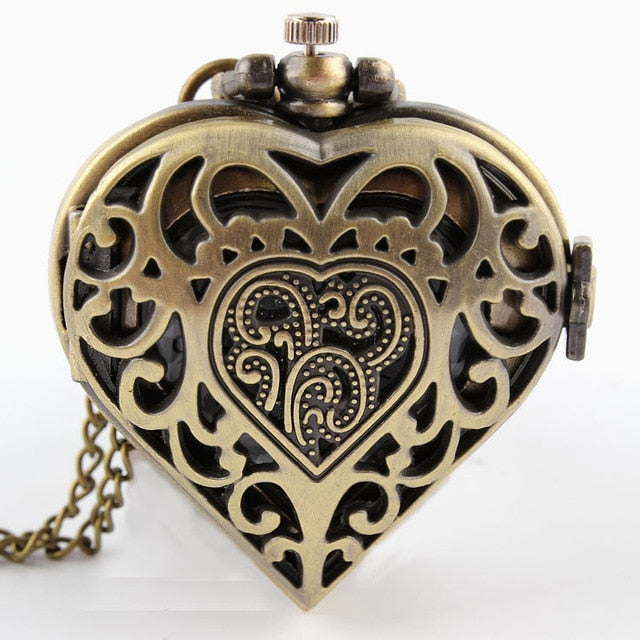 Retro Bronze Hollow Heart Shaped Black Silver Vintage Pocket Watch Necklace Pendant Metal Quartz Movement Women Men Clock Gifts